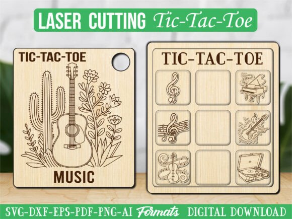 Guitar Music Tic Tac Toe Puzzle Game: Cute Laser Engraving Graphics for Crafty Projects